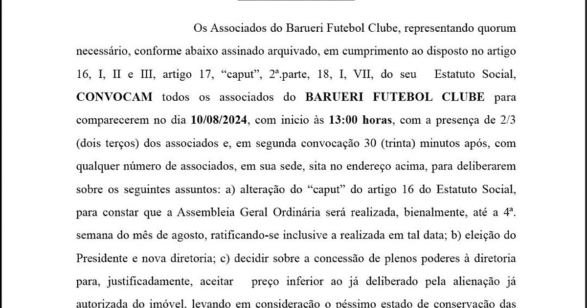 Convocação de Assembleia Geral Ordinária e Extraordinária do Barueri Futebol Clube