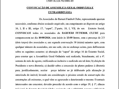 Convocação de Assembleia Geral Ordinária e Extraordinária do Barueri Futebol Clube