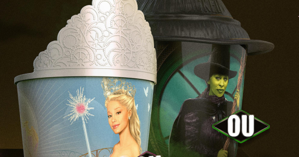Cinemark lança combo exclusivo de ‘Wicked’ com baldes colecionáveis de Elphaba e Glinda