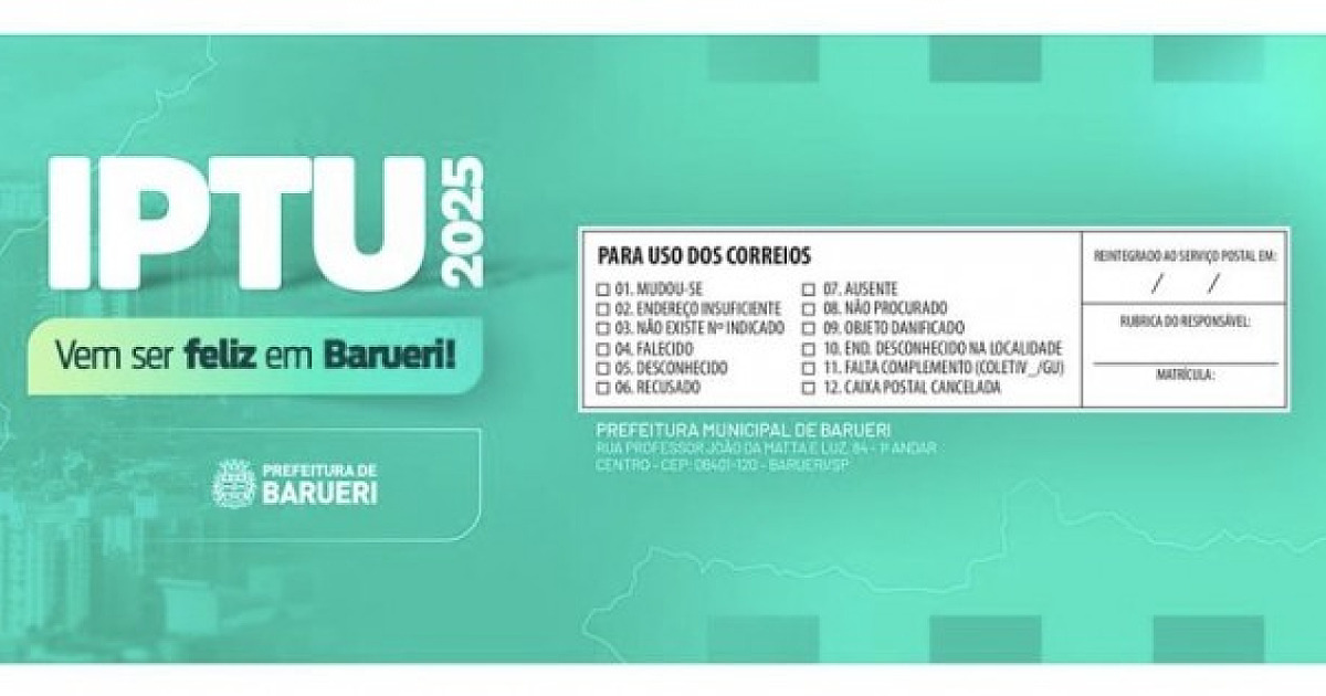 Em Barueri, carnês do IPTU 2025 começam a ser entregues na 2ª quinzena de fevereiro