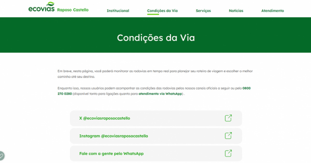 Ecovias Raposo Castello promete mapa de tráfego no site até o fim de junho