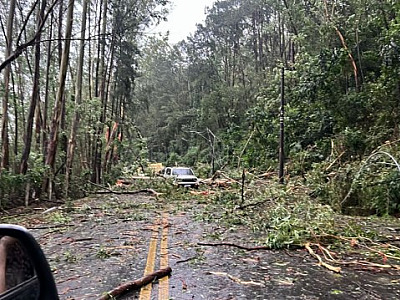 Em meio a forte chuva na última sexta (3), agentes da AREA ajudam a levar senhora de 91 anos para ho