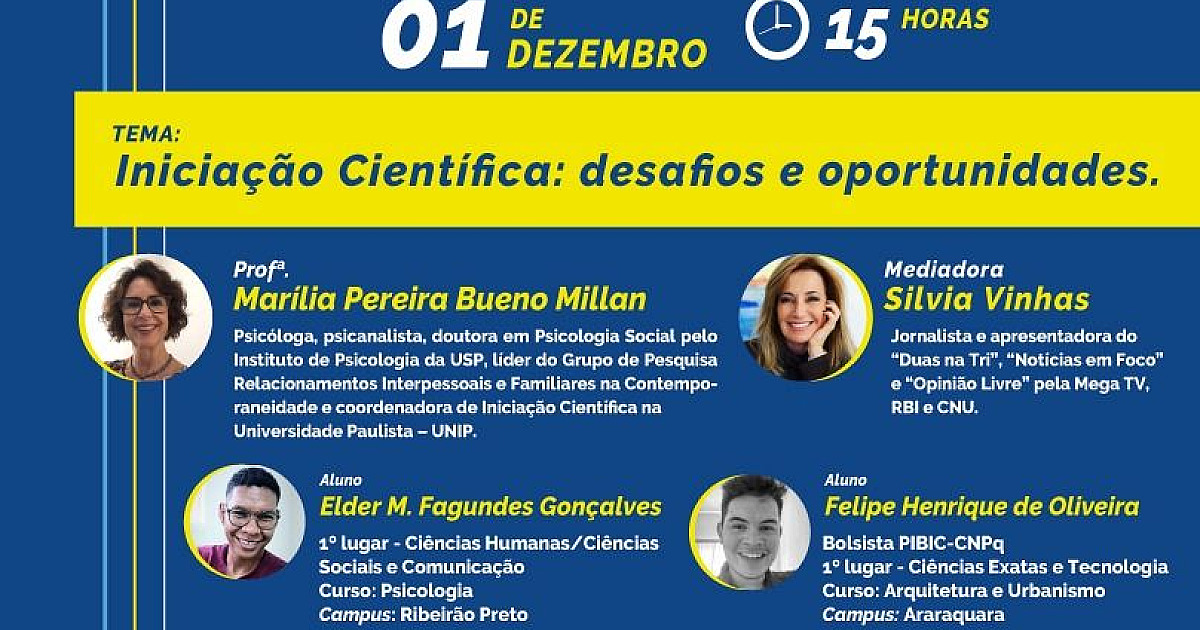UNIP promove debate sobre seu Programa de Iniciação Científica nesta terça-feira (1º)