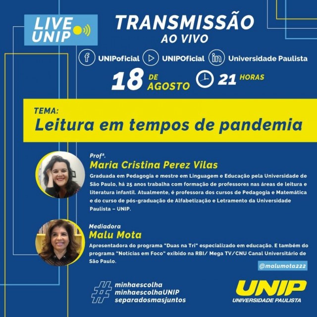 UNIP promove debate “Leitura em tempos de pandemia” nesta terça-feira (18)