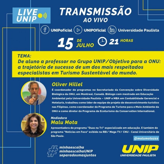Nesta quarta-feira (15), UNIP realiza live com representante da ONU