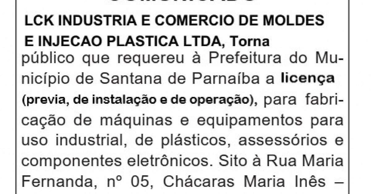 Comunicado LCK Indústria e Comercio de Moldes e Injeção Plástica LTDA