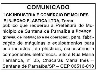 Comunicado LCK Indústria e Comercio de Moldes e Injeção Plástica LTDA