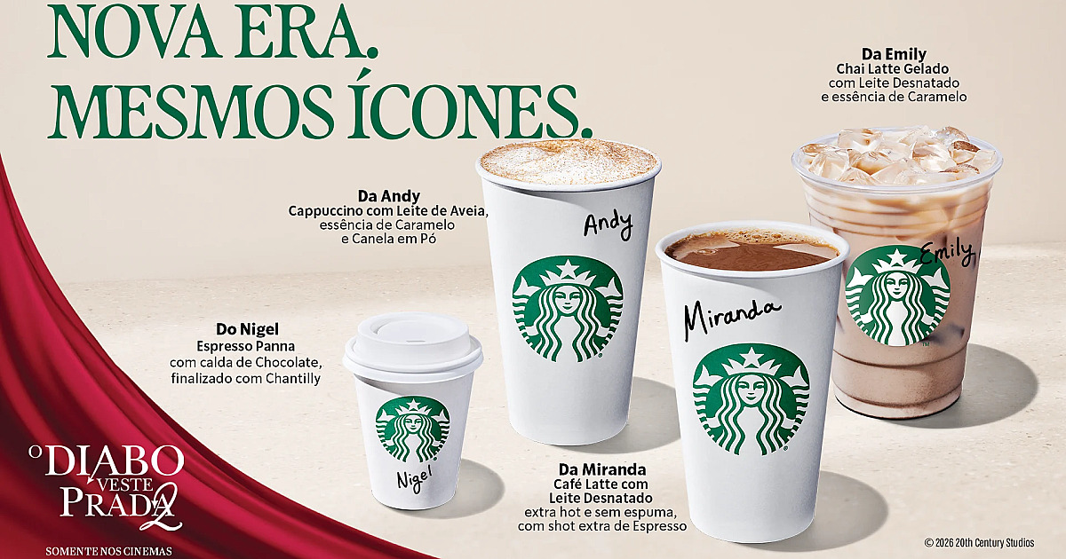 Campanha da Starbucks lança bebidas inspiradas em personagens de ‘O Diabo Veste Prada 2’